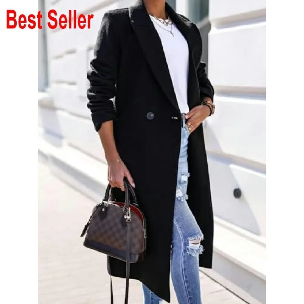 Long Wool Trench Coat Double Breasted Peacoat Classic Elegant Slim Fit Overcoat